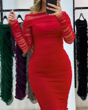 Women Career red Off Shoulder Mesh long sleeve Pleated dress