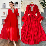 Women Round Neck Diamond Furry Patchwork Pleated Elegant Solid Dress