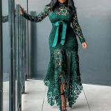 Women Lace Hollow Long Sleeve Stand Collar Lace Irregular Dress