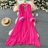 Women Round Neck Diamond Furry Patchwork Pleated Elegant Solid Dress