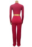 Women Patchwork Chain Round Neck Long Sleeve Top and Pants Two Piece