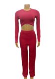 Women Patchwork Chain Round Neck Long Sleeve Top and Pants Two Piece