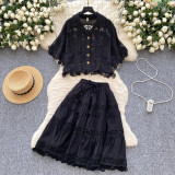 Women French Lace Hollow Crochet Flower Top Lace Patchwork Skirt Two Piece