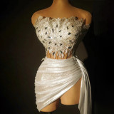 Women Sexy Strapless Rhinestone Chain Top and Mini Skirt Two Piece