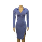 Women Turndown Collar V-Neck Sexy Slit Long Sleeve Solid Bodycon Dress