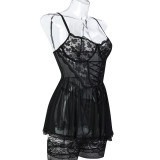 Women lace Lace-Up cross Strap mesh See-Through nightdress Three-Piece