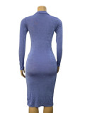 Women Turndown Collar V-Neck Sexy Slit Long Sleeve Solid Bodycon Dress