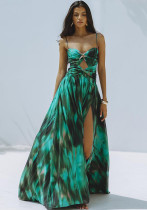 Women Green Paint Print Hollow Swimsuit and Skirt Two Piece Women Green Paint Print Hollow Swimsuit and Skirt Two Piece