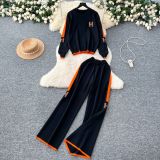 Women Letter Embroidery Knitting Long Sleeve Sweater Wide Leg Pants Two Piece