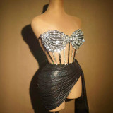 Women Sexy Strapless Rhinestone Chain Top and Mini Skirt Two Piece