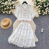 Women French Lace Hollow Crochet Flower Top Lace Patchwork Skirt Two Piece