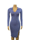 Women Turndown Collar V-Neck Sexy Slit Long Sleeve Solid Bodycon Dress