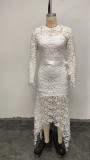 Women Lace Hollow Long Sleeve Stand Collar Lace Irregular Dress