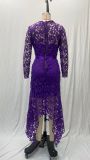 Women Lace Hollow Long Sleeve Stand Collar Lace Irregular Dress