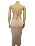 Women Hollow Lace Bodysuit and Sexy Button Slit Bodycon Skrit Two Piece