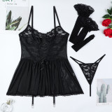 Women lace Lace-Up cross Strap mesh See-Through nightdress Three-Piece