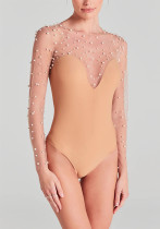 Women Spring Summer Long Sleeve Basics Beaded Patchwork Bodysuit