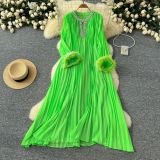 Women Round Neck Diamond Furry Patchwork Pleated Elegant Solid Dress