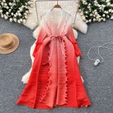 Women Lace-Up Ruffle Edge Pleated Dress