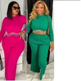 Women Patchwork Chain Round Neck Long Sleeve Top and Pants Two Piece