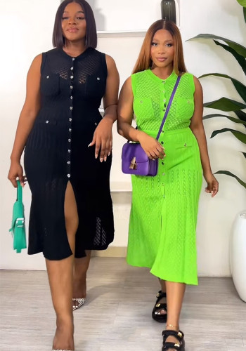 Women Retro V-Neck Sleeveless Hollow Knitting Dress