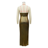 Women sexy V-neck high slit sleeveless party dress
