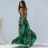 Women Green Paint Print Hollow Swimsuit and Skirt Two Piece