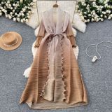 Women Lace-Up Ruffle Edge Pleated Dress
