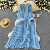 Women Round Neck Diamond Furry Patchwork Pleated Elegant Solid Dress