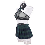 Women sexy See-Through Top underwear uniform plaid pleated SkirtThree-Piece