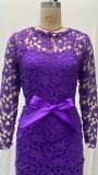 Women Lace Hollow Long Sleeve Stand Collar Lace Irregular Dress