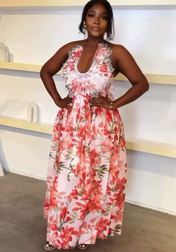 Women Beach Holidays Halter Neck Backless Floral Feather Dress