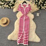 Women Metal Button Slit Knitting Dress