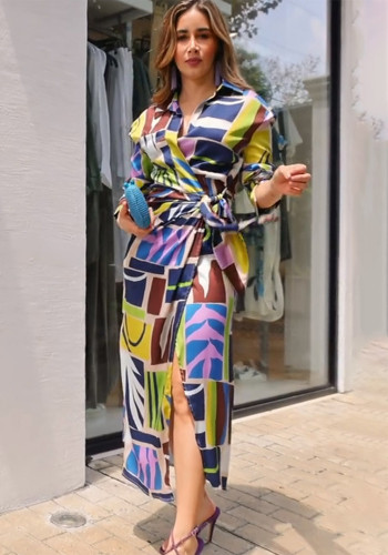 Women Style Printed V-Neck Belt Long Sleeve Dress