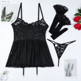 Women lace Lace-Up cross Strap mesh See-Through nightdress Three-Piece