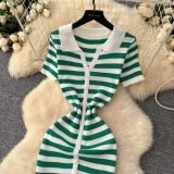 Women Metal Button Slit Knitting Dress