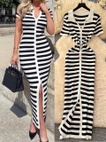 Women Metal Button Slit Knitting Dress