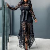 Women Lace Hollow Long Sleeve Stand Collar Lace Irregular Dress