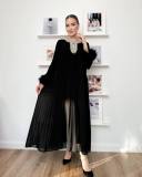 Women Round Neck Diamond Furry Patchwork Pleated Elegant Solid Dress