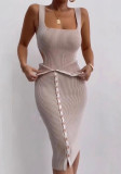 Women Hollow Lace Bodysuit and Sexy Button Slit Bodycon Skrit Two Piece