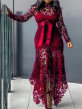 Women Lace Hollow Long Sleeve Stand Collar Lace Irregular Dress
