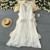 Women Round Neck Diamond Furry Patchwork Pleated Elegant Solid Dress