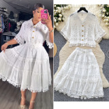 Women French Lace Hollow Crochet Flower Top Lace Patchwork Skirt Two Piece