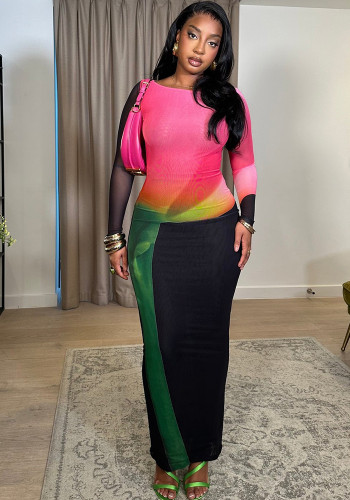 Women double mesh elegant long sleeve dress