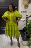 Women French Lace Hollow Crochet Flower Top Lace Patchwork Skirt Two Piece