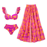 Women Bikini Ruffle Lace-Up Print Swimsuit and Skirt Two Piece