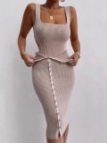 Women Hollow Lace Bodysuit and Sexy Button Slit Bodycon Skrit Two Piece