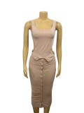 Women Hollow Lace Bodysuit and Sexy Button Slit Bodycon Skrit Two Piece