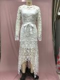 Women Lace Hollow Long Sleeve Stand Collar Lace Irregular Dress