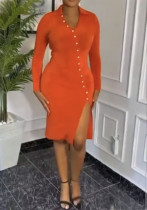 Women Turndown Collar V-Neck Sexy Slit Long Sleeve Solid Bodycon Dress Women Turndown Collar V-Neck Sexy Slit Long Sleeve Solid Bodycon Dress